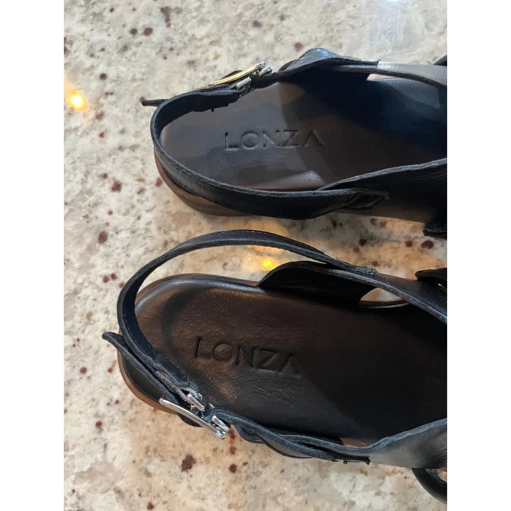 Lonza Bergen Black Leather Square Toe Slingback Sandals Women Size 39 EU